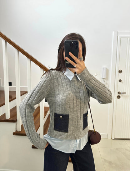Grey knitwear with shirt details
