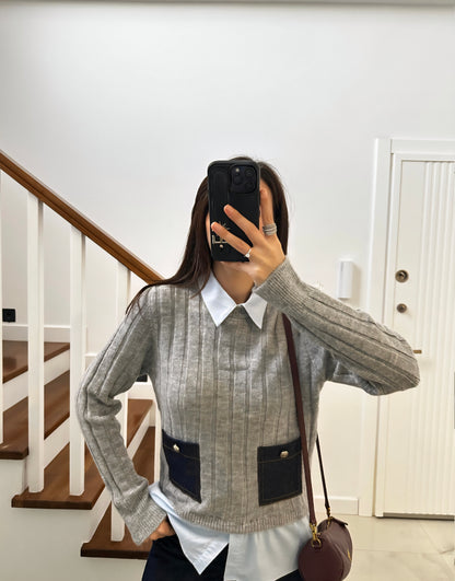 Grey knitwear with shirt details