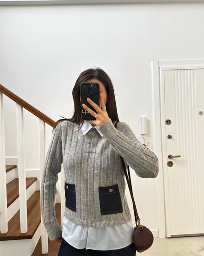 Grey knitwear with shirt details