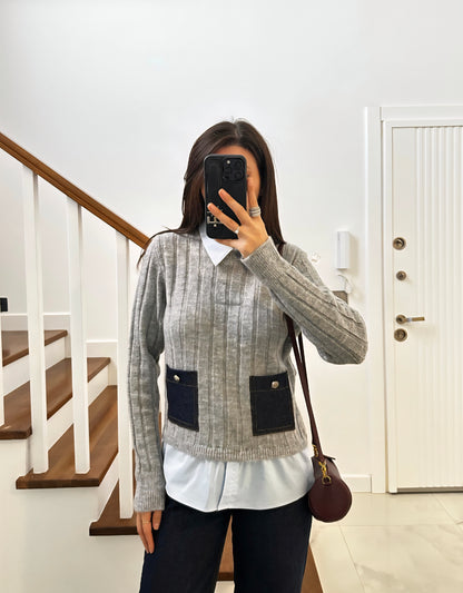 Grey knitwear with shirt details