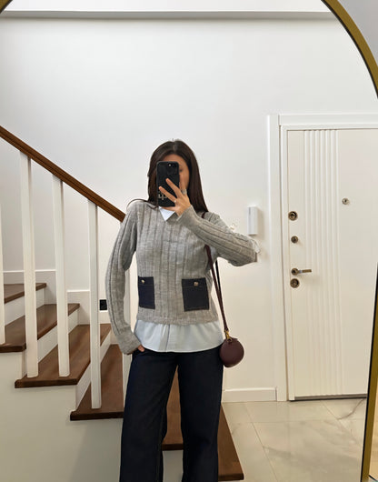 Grey knitwear with shirt details