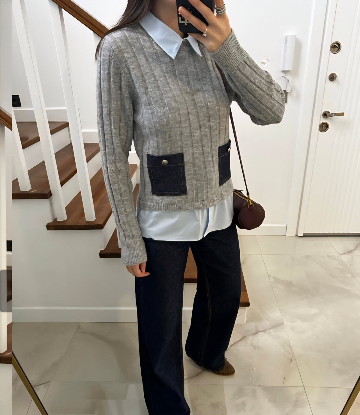 Grey knitwear with shirt details