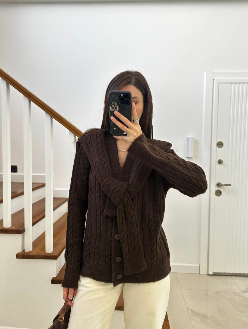 Wool Cardigan with attached scarf - brown