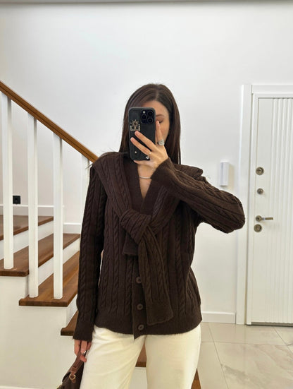 Wool Cardigan with attached scarf - brown