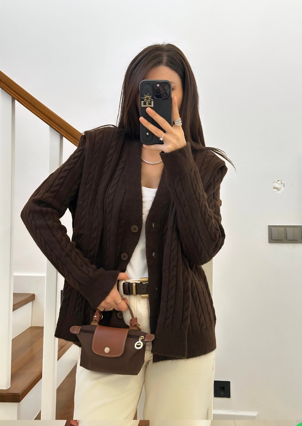 Wool Cardigan with attached scarf - brown