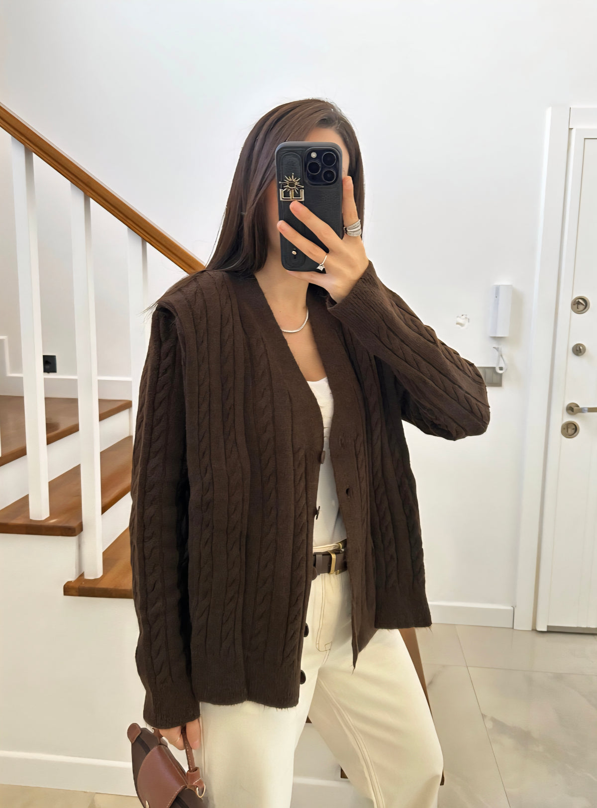 Wool Cardigan with attached scarf - brown
