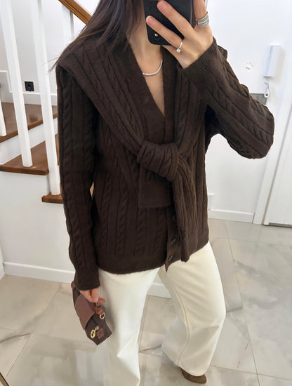 Wool Cardigan with attached scarf - brown