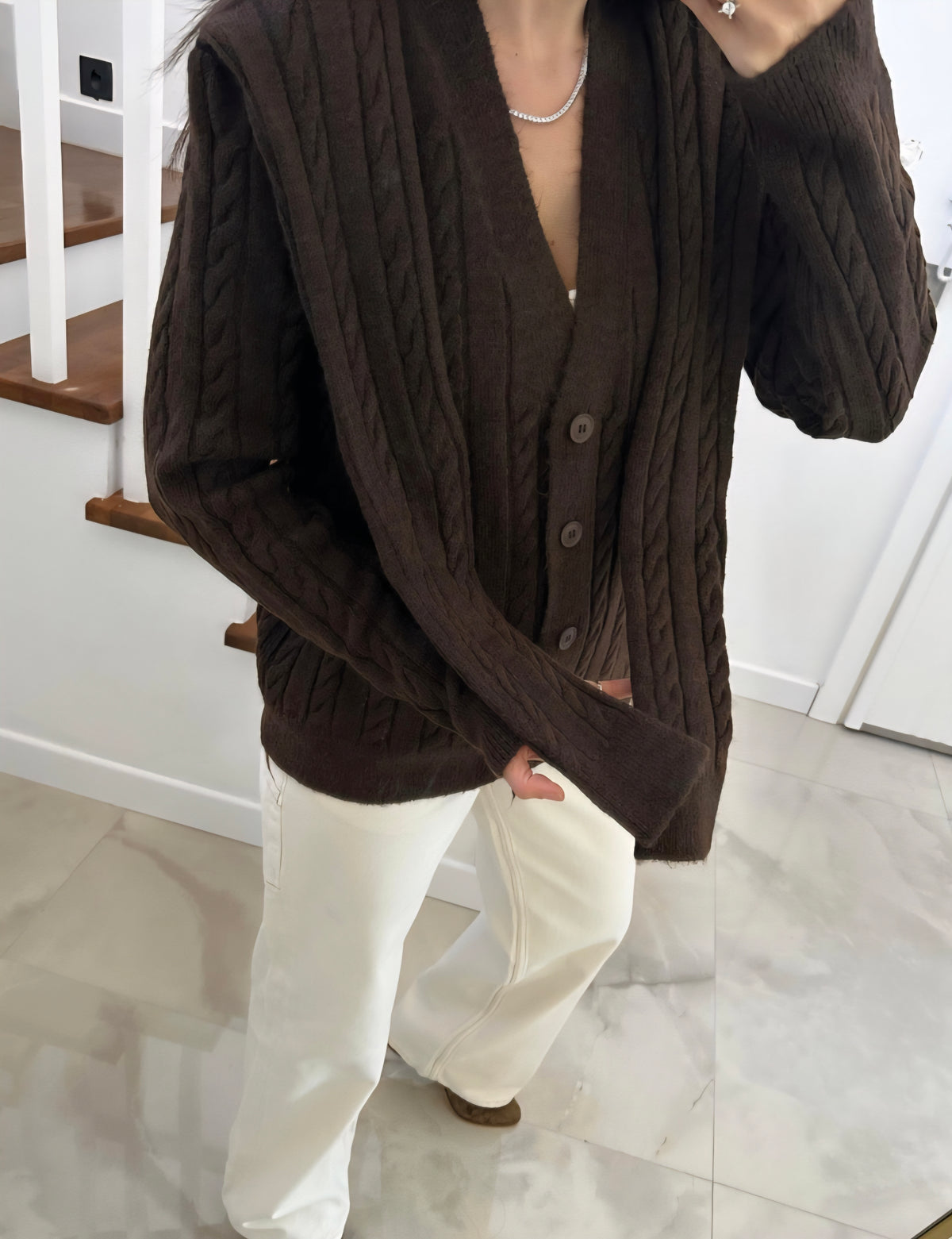 Wool Cardigan with attached scarf - brown