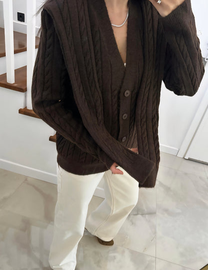 Wool Cardigan with attached scarf - brown
