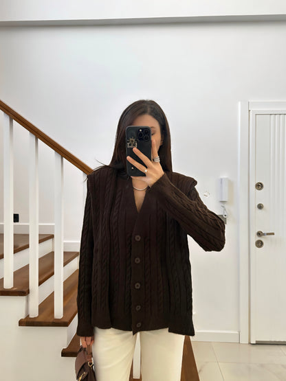 Wool Cardigan with attached scarf - brown