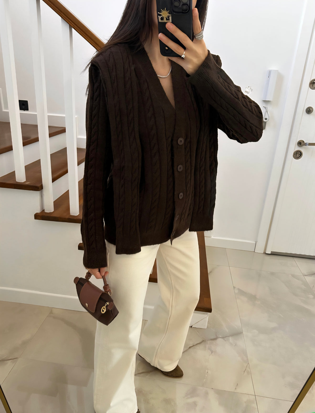 Wool Cardigan with attached scarf - brown
