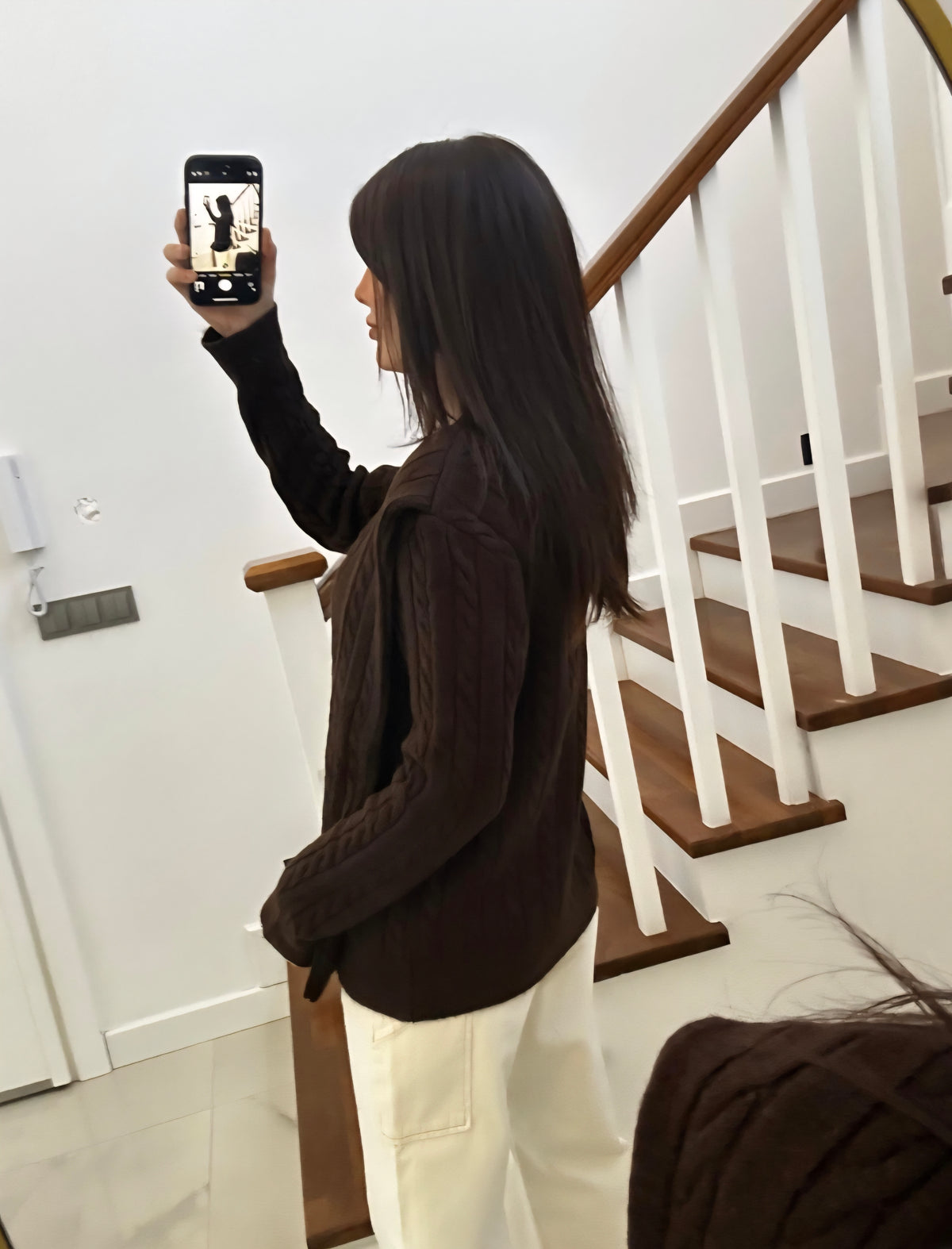 Wool Cardigan with attached scarf - brown