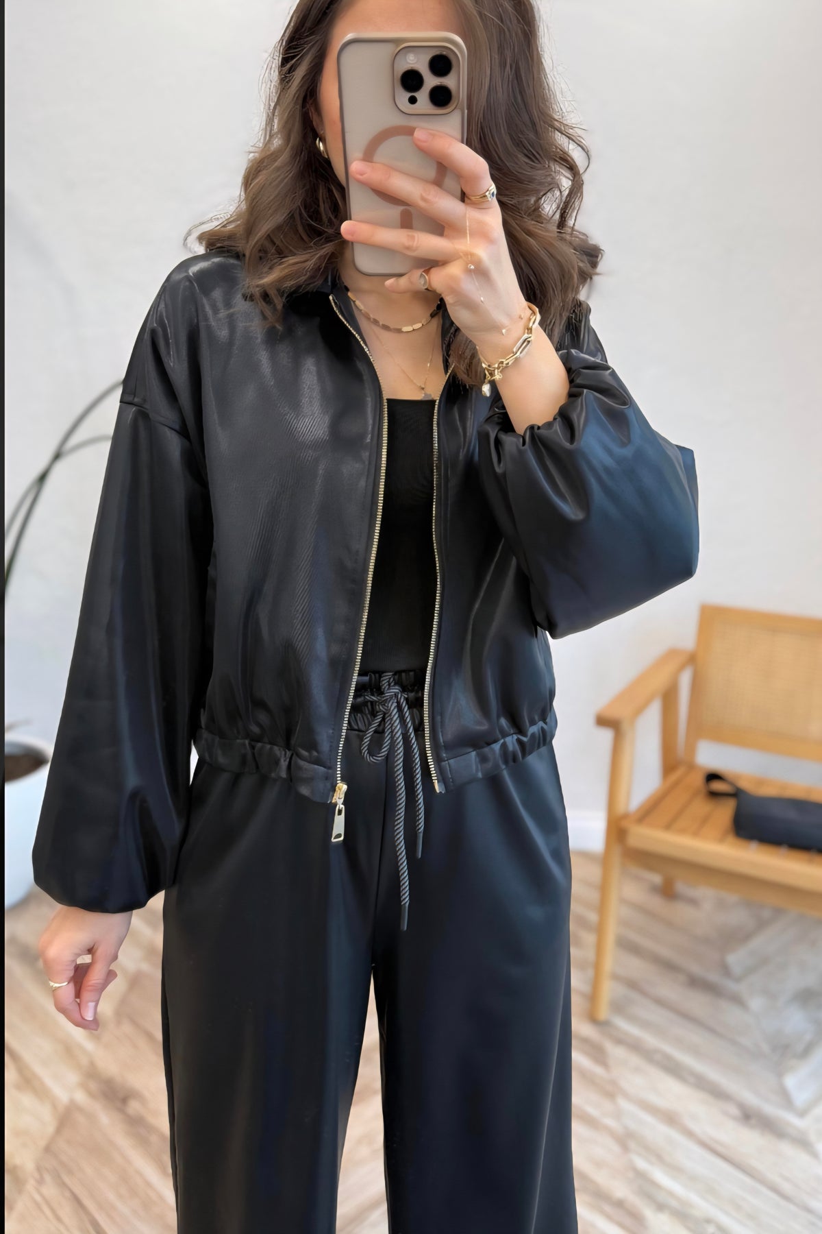 Bomber leather Jacket with wide leg trouser co-ord set