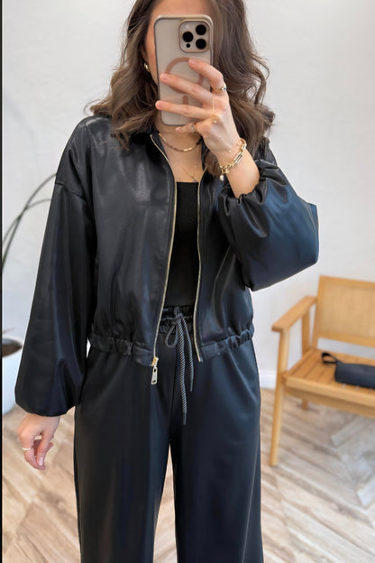 Bomber leather Jacket with wide leg trouser co-ord set