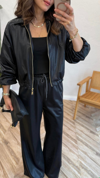 Bomber leather Jacket with wide leg trouser co-ord set