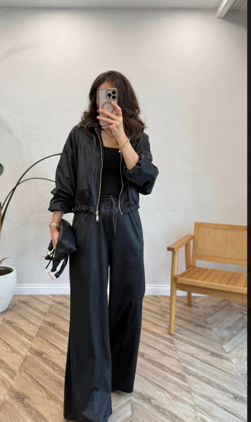 Bomber leather Jacket with wide leg trouser co-ord set