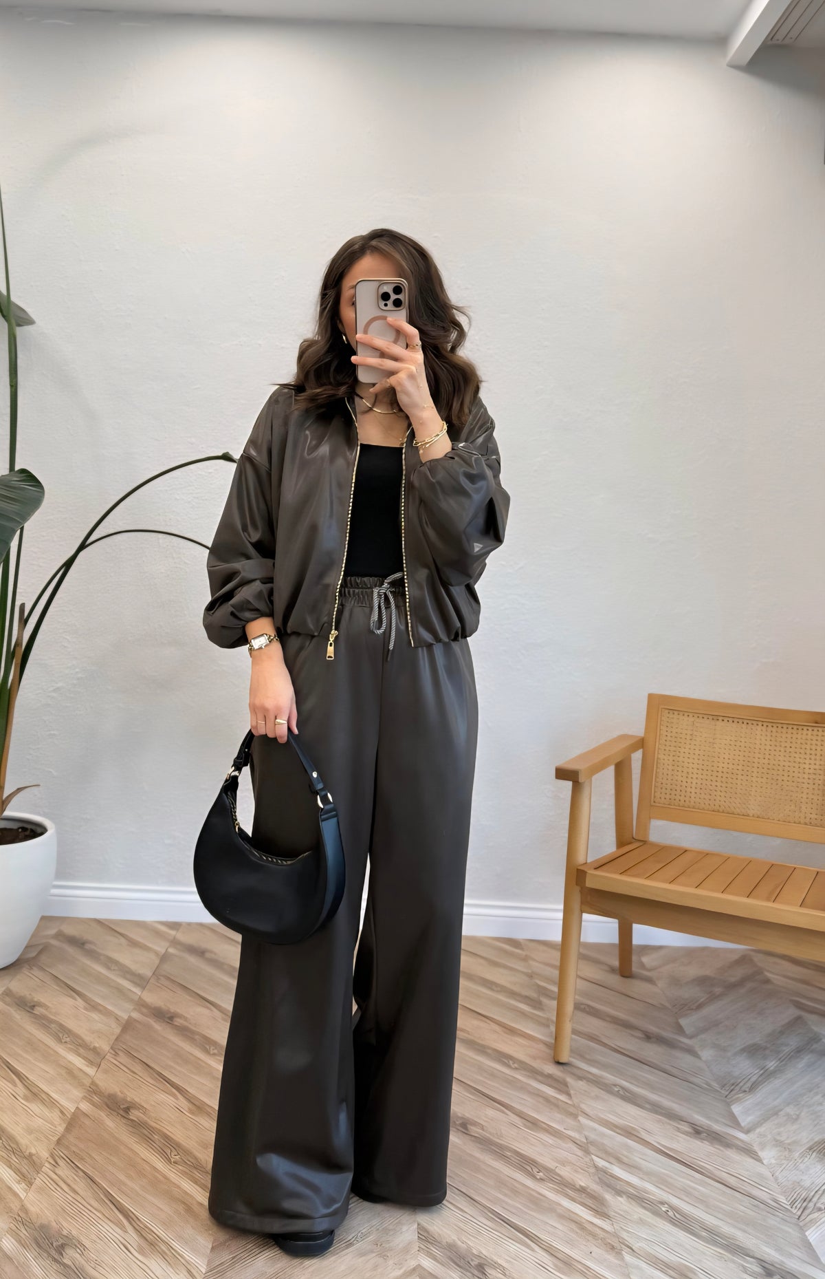 Bomber leather Jacket with wide leg trouser co-ord set