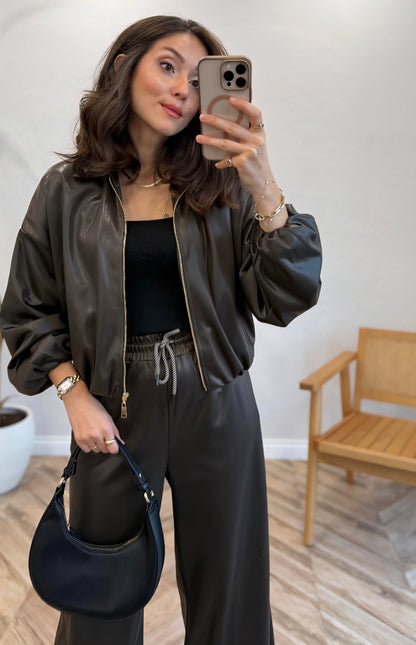 Bomber leather Jacket with wide leg trouser co-ord set