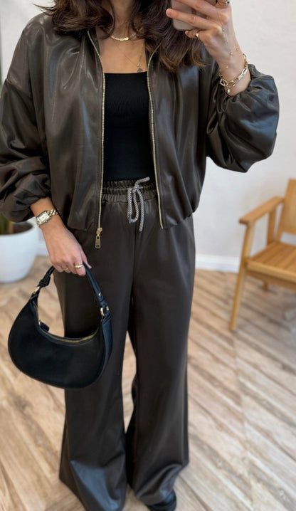 Bomber leather Jacket with wide leg trouser co-ord set