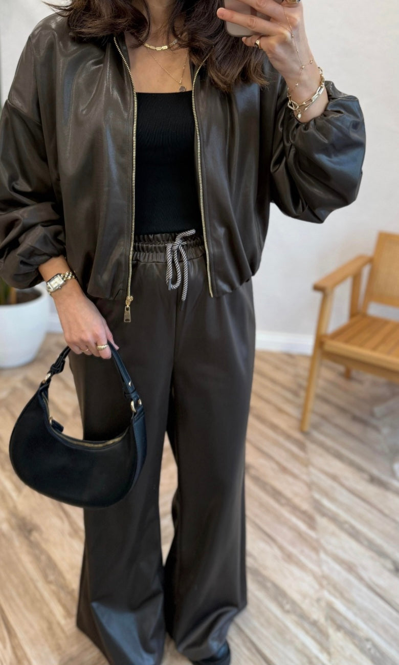 Bomber leather Jacket with wide leg trouser co-ord set