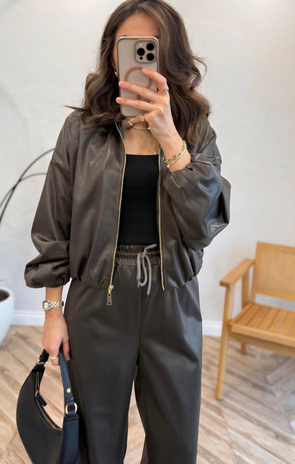 Bomber leather Jacket with wide leg trouser co-ord set
