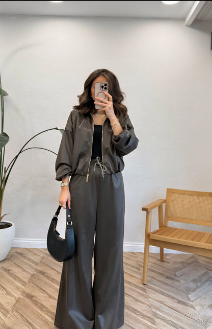 Bomber leather Jacket with wide leg trouser co-ord set
