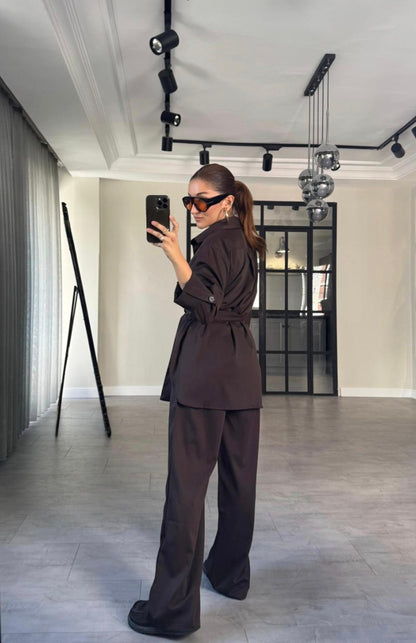 Belted Shirt with pocket ,roll-up sleeves ,elastic waistband straight leg pants co-ord set