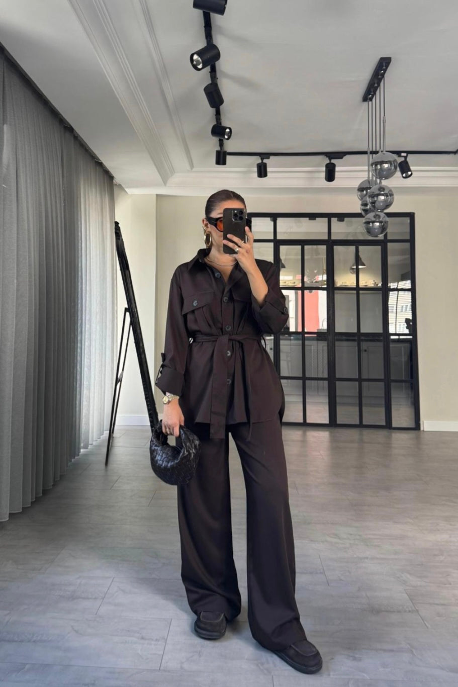 Belted Shirt with pocket ,roll-up sleeves ,elastic waistband straight leg pants co-ord set