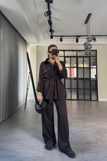 Belted Shirt with pocket ,roll-up sleeves ,elastic waistband straight leg pants co-ord set