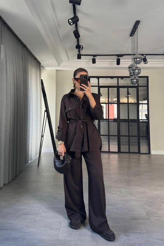 Belted Shirt with pocket ,roll-up sleeves ,elastic waistband straight leg pants co-ord set