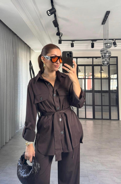 Belted Shirt with pocket ,roll-up sleeves ,elastic waistband straight leg pants co-ord set