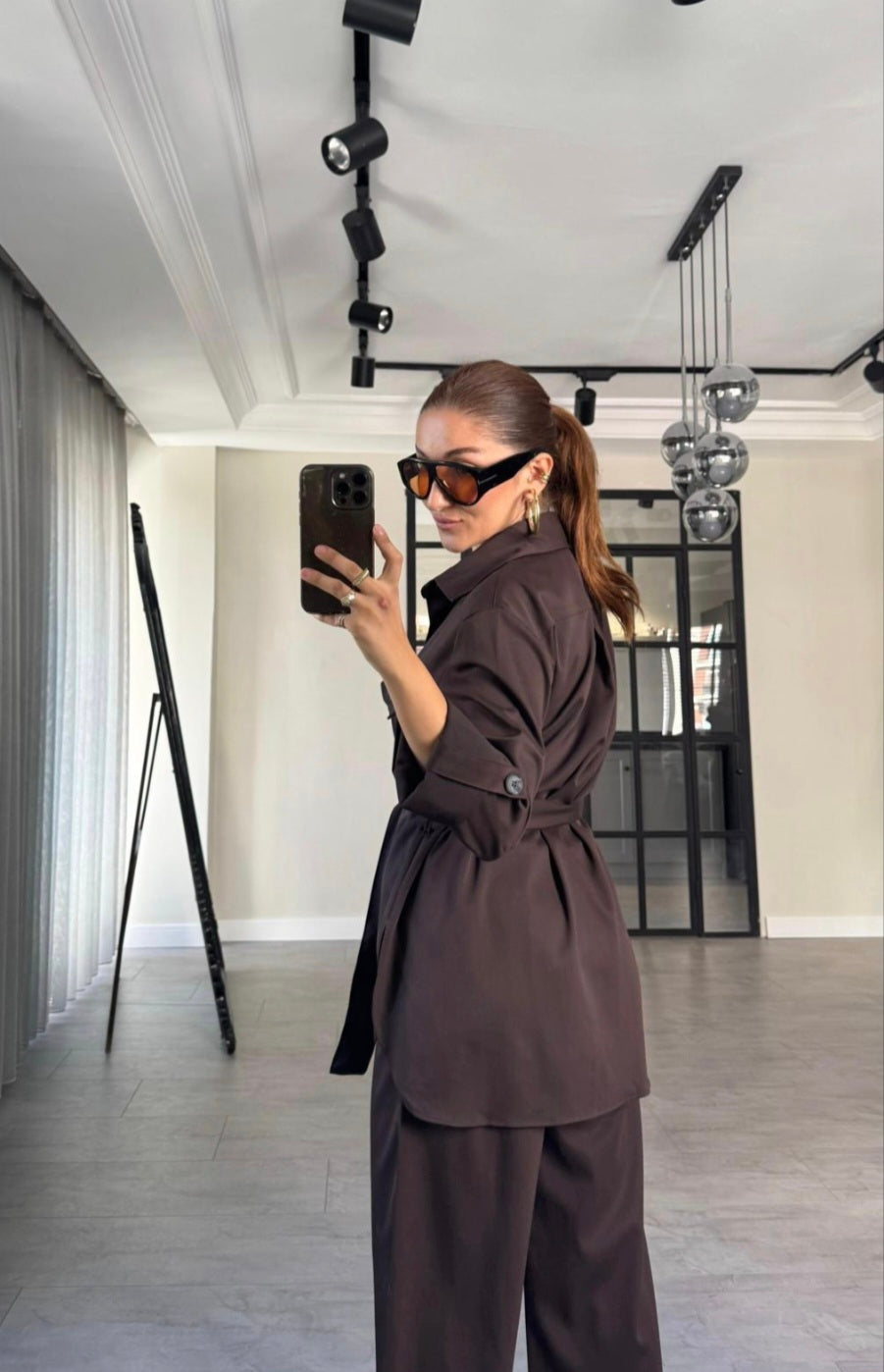 Belted Shirt with pocket ,roll-up sleeves ,elastic waistband straight leg pants co-ord set