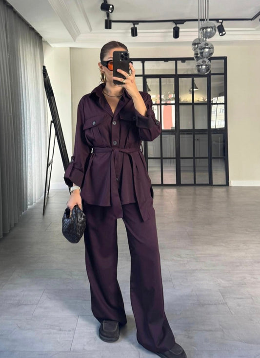 Belted Shirt with pocket ,roll-up sleeves ,elastic waistband straight leg pants co-ord set