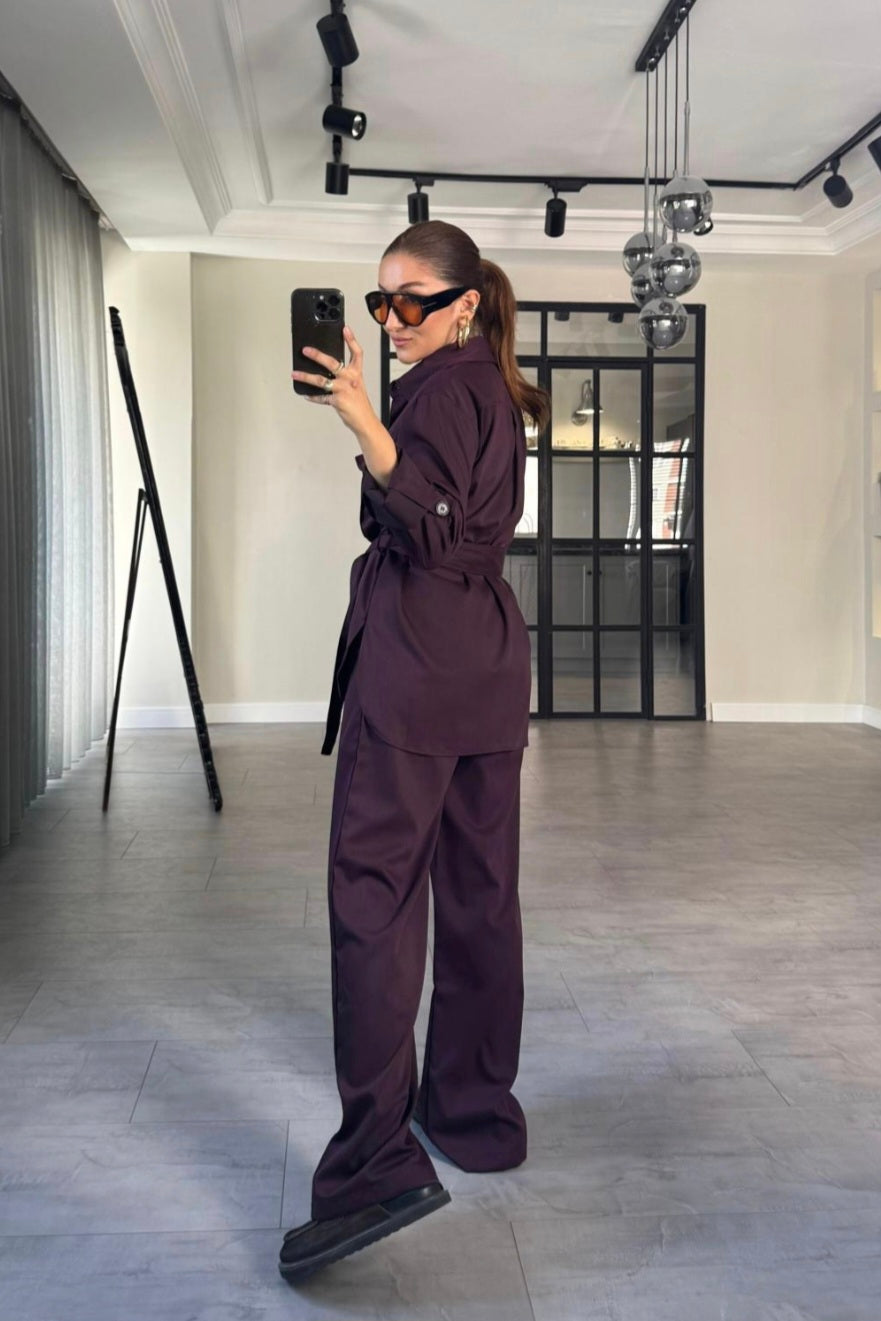 Belted Shirt with pocket ,roll-up sleeves ,elastic waistband straight leg pants co-ord set