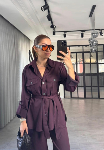 Belted Shirt with pocket ,roll-up sleeves ,elastic waistband straight leg pants co-ord set