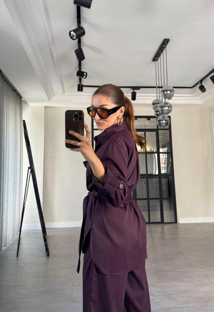 Belted Shirt with pocket ,roll-up sleeves ,elastic waistband straight leg pants co-ord set