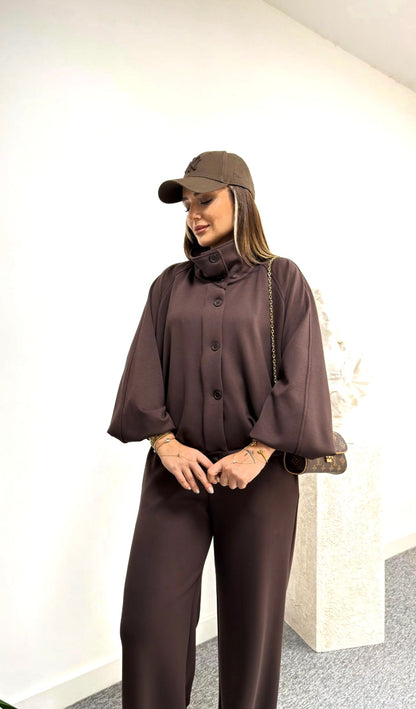 Oversized jacket with waistband straight leg trouser oysho fabric set - brown