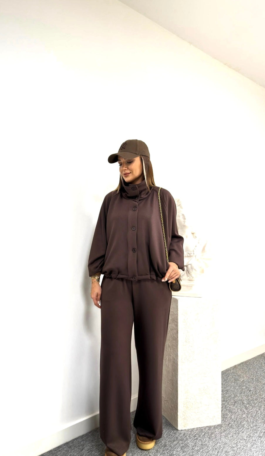 Oversized jacket with waistband straight leg trouser oysho fabric set - brown