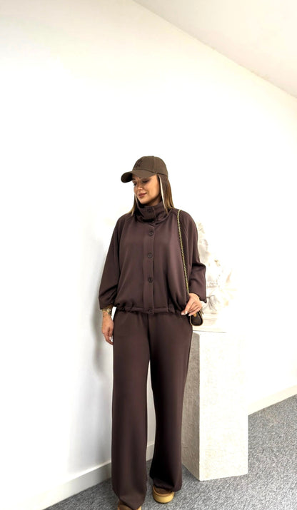 Oversized jacket with waistband straight leg trouser oysho fabric set - brown