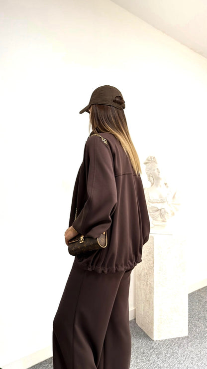 Oversized jacket with waistband straight leg trouser oysho fabric set - brown
