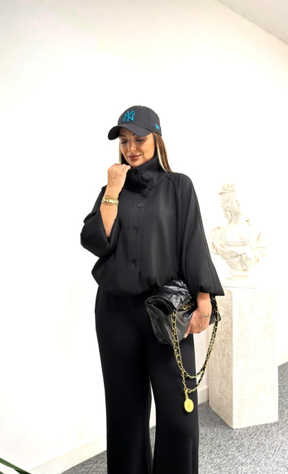 Oversized jacket with waistband straight leg trouser oysho fabric set - black