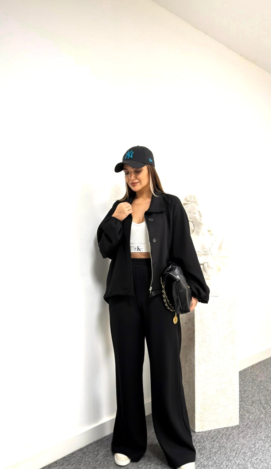 Oversized jacket with waistband straight leg trouser oysho fabric set - black