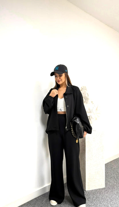 Oversized jacket with waistband straight leg trouser oysho fabric set - black
