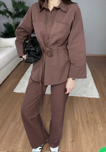 Wide sleeve belted shirt with elastic waistband trouser gabardine co-ord set