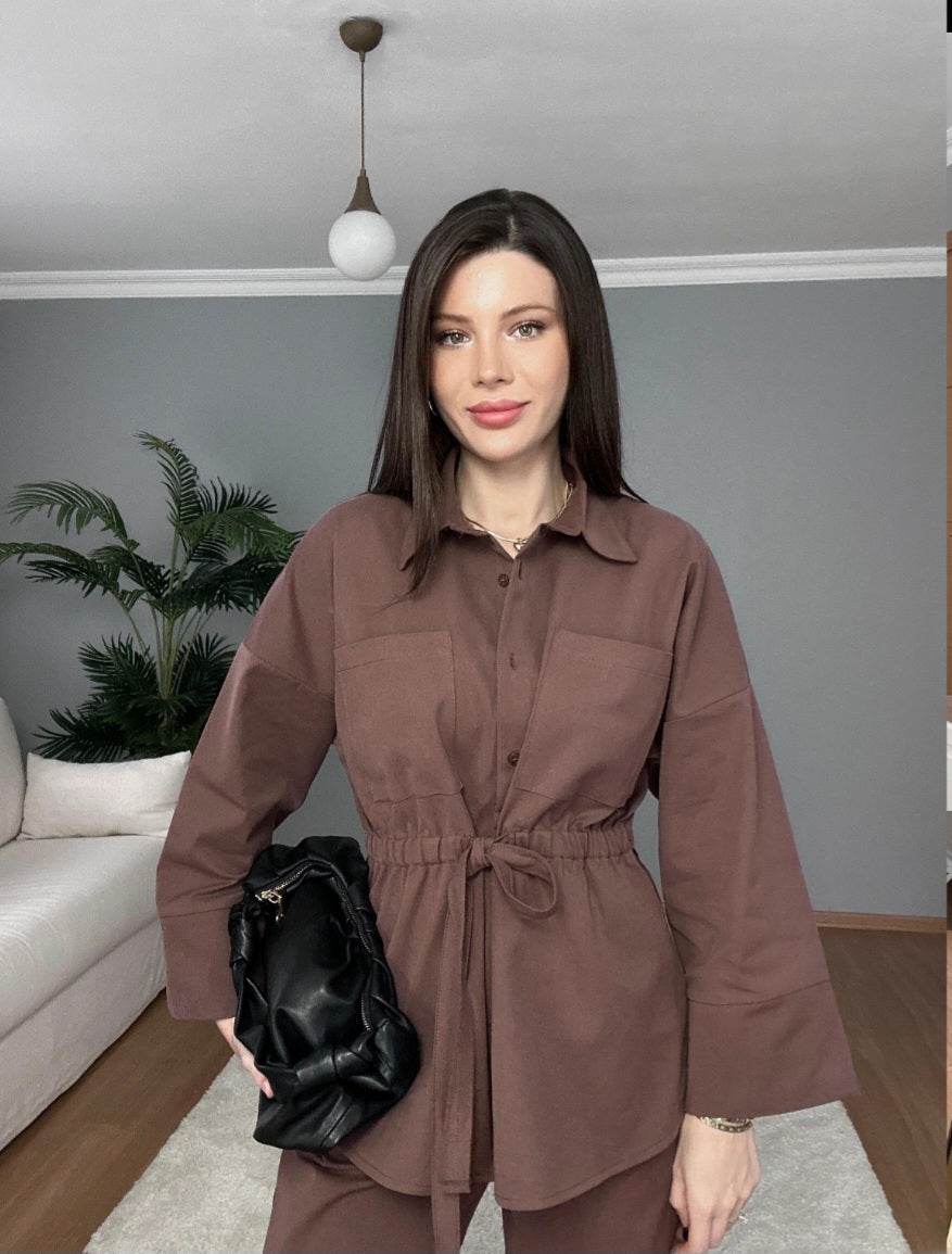 Wide sleeve belted shirt with elastic waistband trouser gabardine co-ord set