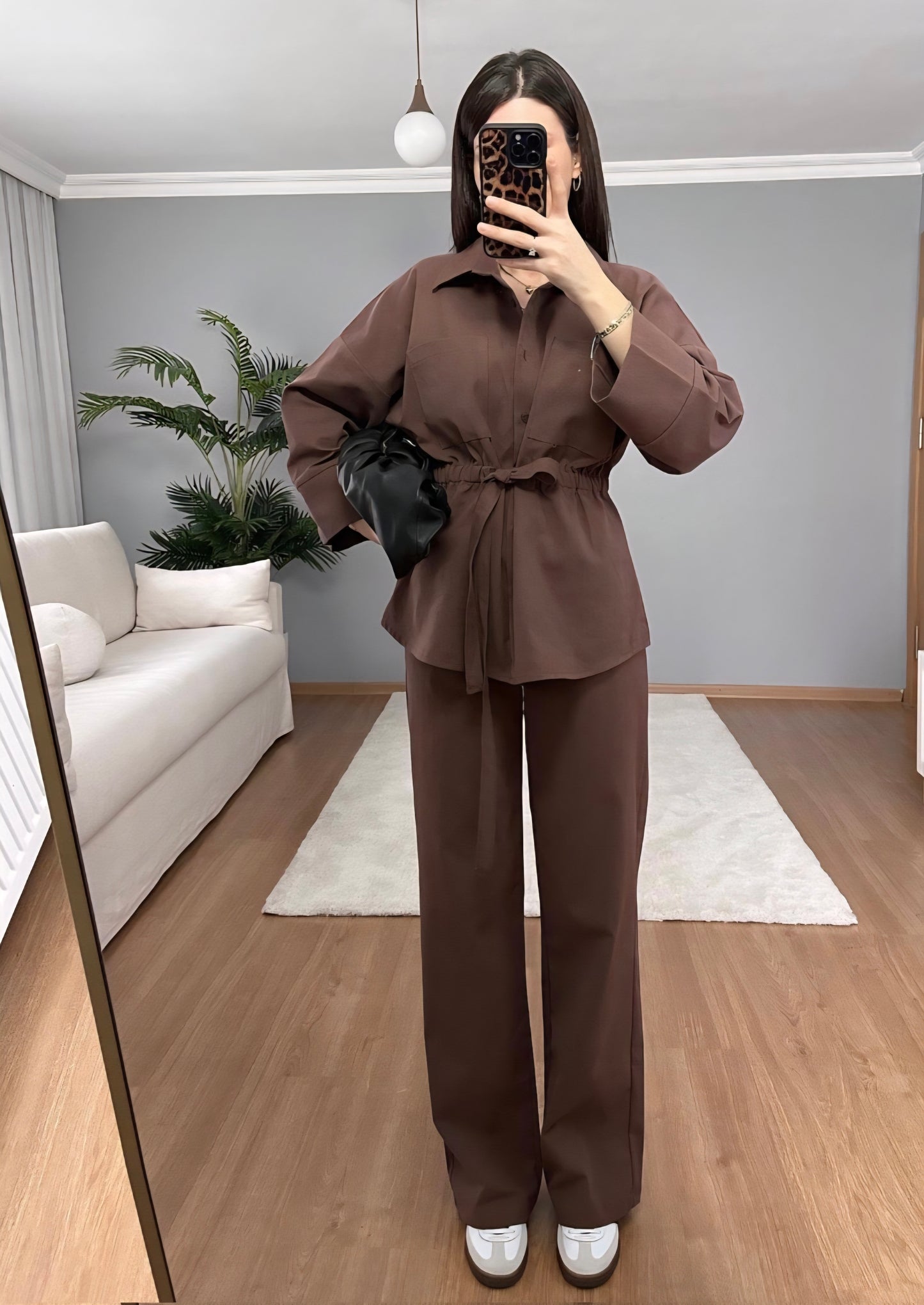 Wide sleeve belted shirt with elastic waistband trouser gabardine co-ord set