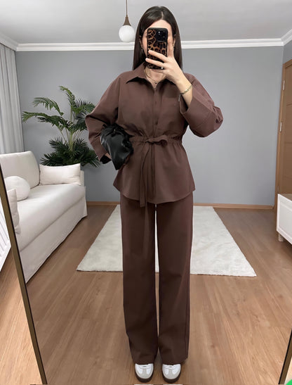 Wide sleeve belted shirt with elastic waistband trouser gabardine co-ord set