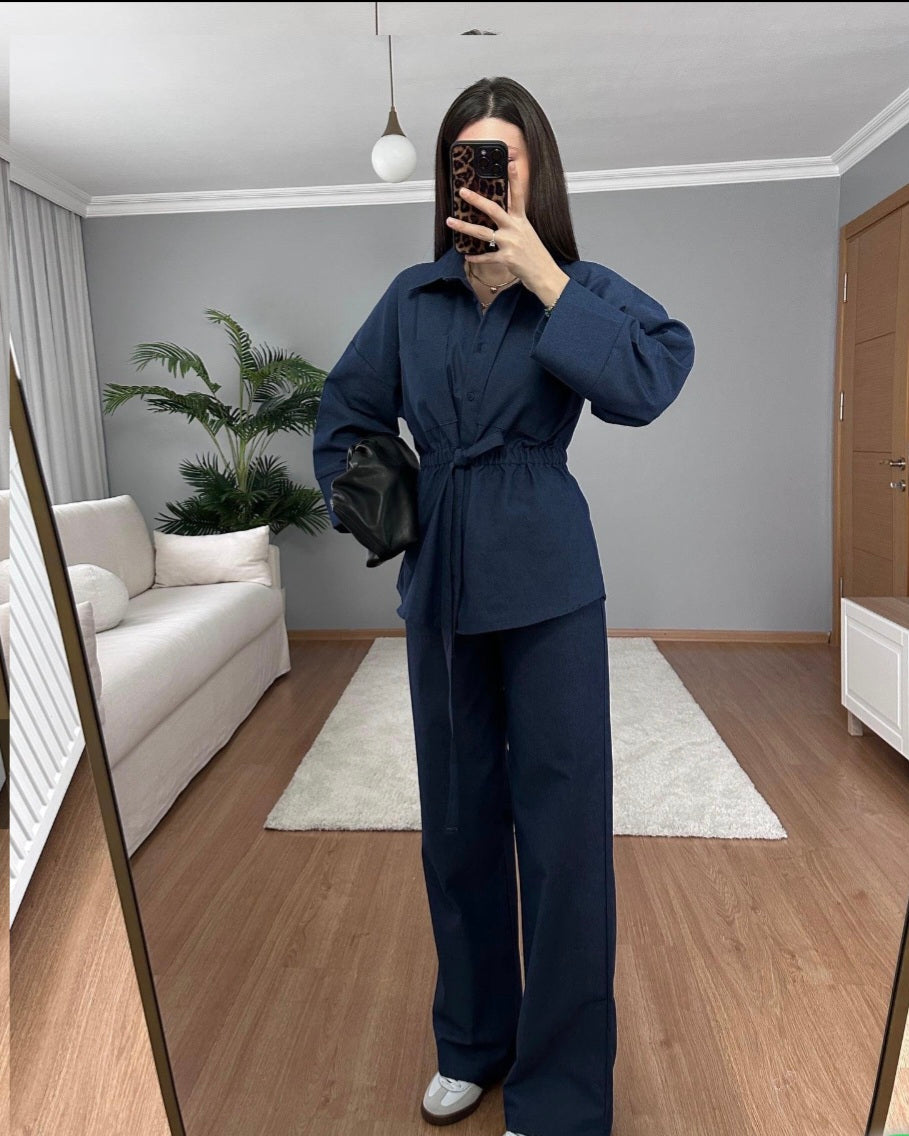 Wide sleeve belted shirt with elastic waistband trouser gabardine co-ord set