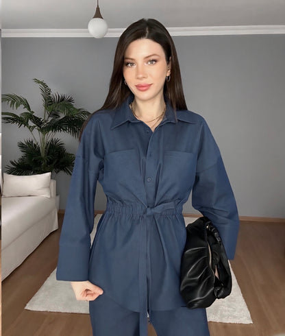 Wide sleeve belted shirt with elastic waistband trouser gabardine co-ord set