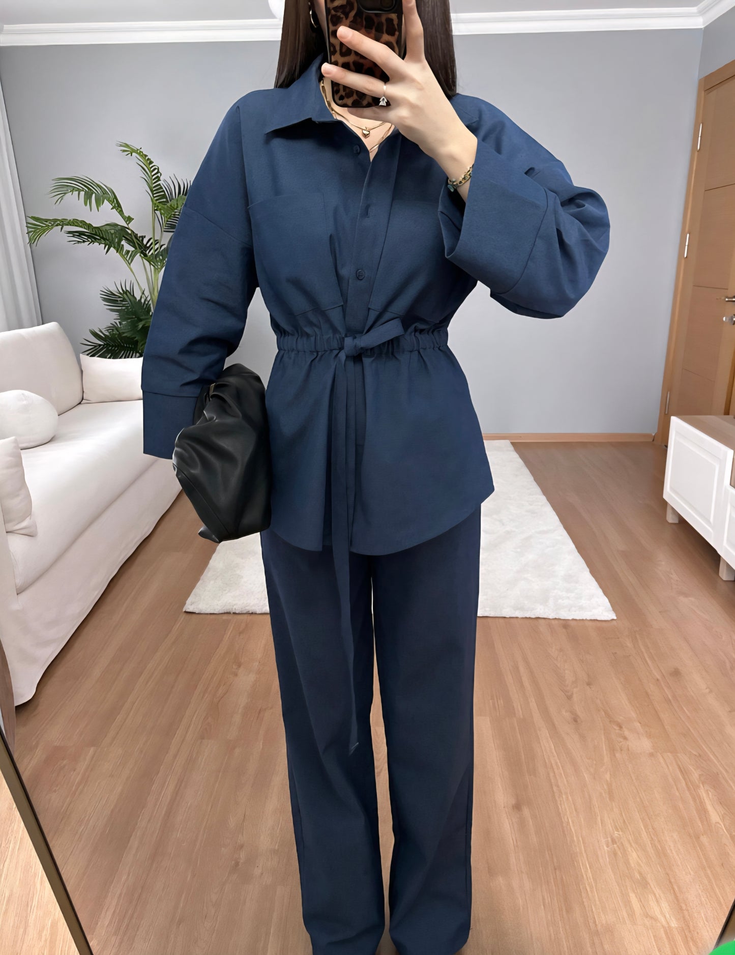 Wide sleeve belted shirt with elastic waistband trouser gabardine co-ord set